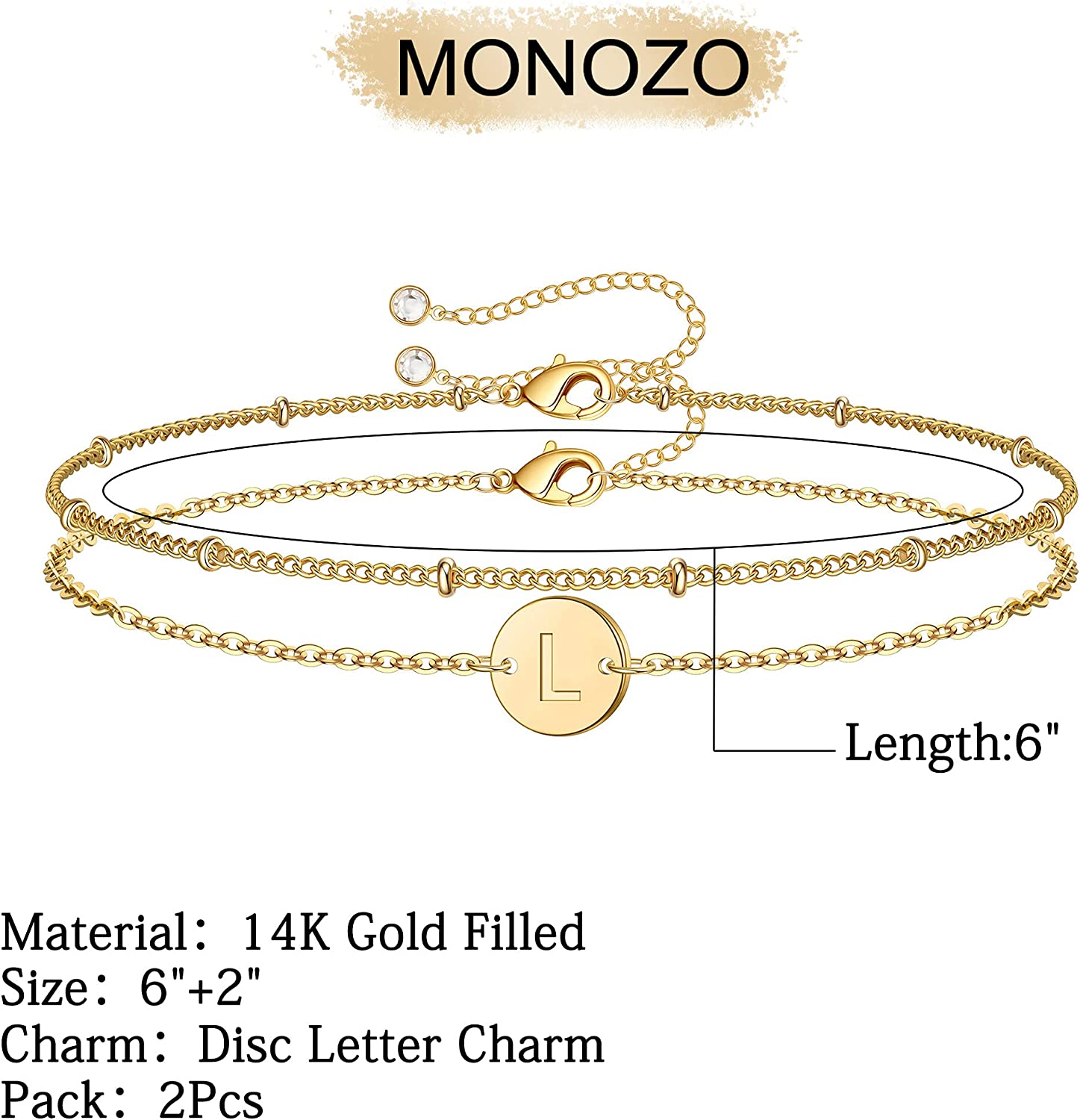 MONOZO Gold Initial Bracelets for Women Girls, Dainty 14K Gold Filled Layered Beaded Letter Initial Bracelet Personalized 26 Alphabet Disc Monogram Charm Bracelet Jewelry Gifts for Girls - Image 2